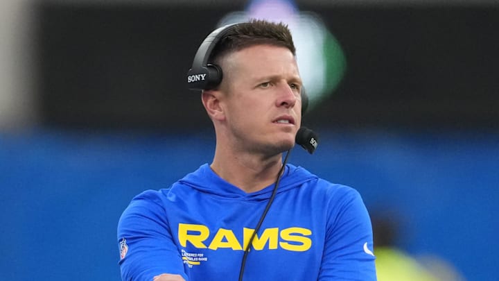Aug 16, 2025; Inglewood, California, USA; Los Angeles Rams offensive coordinator Mike LaFleur reacts against the Los Angeles Chargers in the second half at SoFi Stadium. Mandatory Credit: Kirby Lee-Imagn Images Aug 16, 2025; Inglewood, California, USA; Los Angeles Rams offensive coordinator Mike LaFleur reacts against the Los Angeles Chargers in the second half at SoFi Stadium. Mandatory Credit: Kirby Lee-Imagn Images