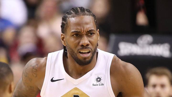 Mar 1, 2019; Toronto, Ontario, CAN; Toronto Raptors forward Kawhi Leonard (2) reacts after scoring a basket in the fourth quarter against the Portland Trail Blazers at Scotiabank Arena. The Raptors beat the Trail Blazers 119-117. Mandatory Credit: Tom Szczerbowski-Imagn Images