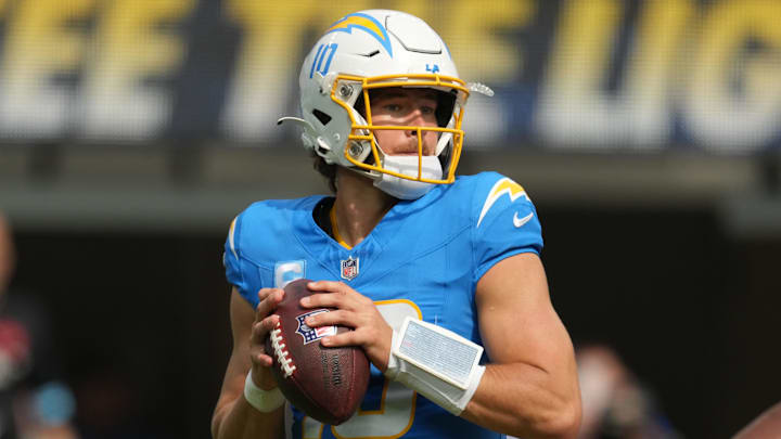 Sep 29, 2024; Inglewood, California, USA; Los Angeles Chargers quarterback Justin Herbert (10) throws the ball in the second quarter against the Kansas City Chiefs at SoFi Stadium. Mandatory Credit: Kirby Lee-Imagn Images Sep 29, 2024; Inglewood, California, USA; Los Angeles Chargers quarterback Justin Herbert (10) throws the ball in the second quarter against the Kansas City Chiefs at SoFi Stadium. Mandatory Credit: Kirby Lee-Imagn Images