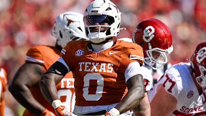 Texas Longhorns linebacker Anthony Hill Jr. celebrates during the game against the Oklahoma Sooners.