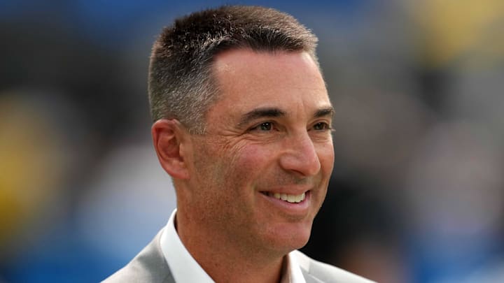 Sep 8, 2024; Inglewood, California, USA; Las Vegas Raiders general manager Tom Telesco watches from the sidelines during the game against the Los Angeles Chargers at SoFi Stadium. Mandatory Credit: Kirby Lee-Imagn Images