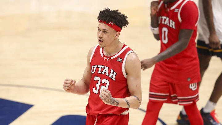 Utah Runnin' Utes forward James Okonkwo (32) had two points and five rebounds in a win over the West Virginia Mountaineers at Hope Coliseum.