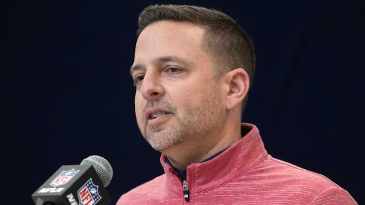 Feb 27, 2025; Indianapolis, IN, USA; New England Patriots general manager Eliot Wolf speaks during the 2025 NFL Scouting Combine at the Indiana Convention Center. Mandatory Credit: Kirby Lee-Imagn Images