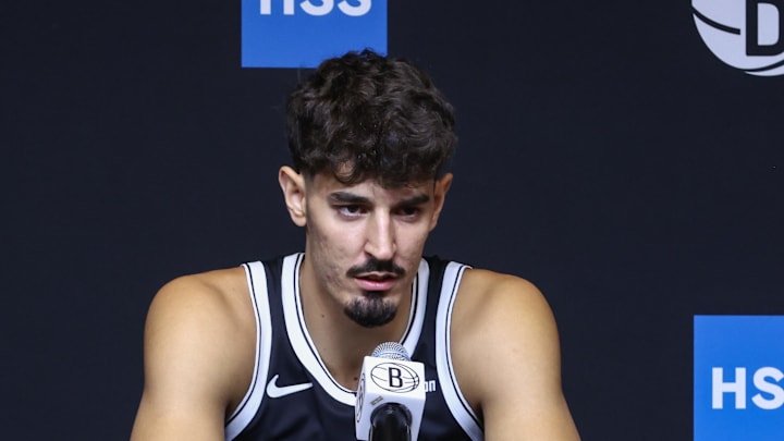 Sep 23, 2025; Brooklyn, NY, USA; Brooklyn Nets guard Ben Saraf (77) speaks at Media Day. Mandatory Credit: Wendell Cruz-Imagn Images Sep 23, 2025; Brooklyn, NY, USA; Brooklyn Nets guard Ben Saraf (77) speaks at Media Day. Mandatory Credit: Wendell Cruz-Imagn Images
