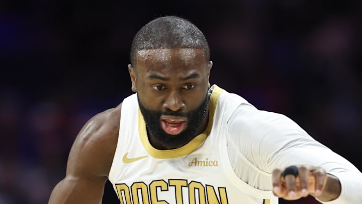 Nov 11, 2025; Philadelphia, Pennsylvania, USA; Boston Celtics guard Jaylen Brown (7) dribbles the ball against the Philadelphia 76ers during the first quarter at Xfinity Mobile Arena. Mandatory Credit: Bill Streicher-Imagn Images