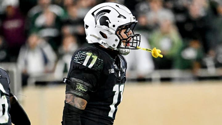 Michigan State's Anelu Lafaele celebrates after a defensive stop against Boston College during the third quarter on Saturday, Sept. 6, 2025, at Spartan Stadium in East Lansing.