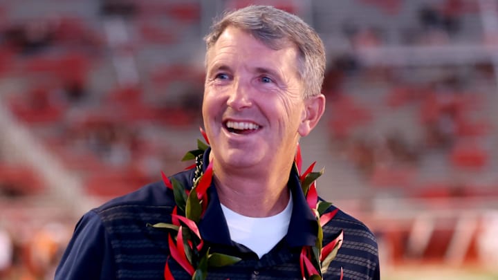 Sep 28, 2024; Salt Lake City, Utah, USA; Arizona Wildcats head coach Brent Brennan before a game against the Utah Utes at Rice-Eccles Stadium