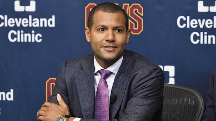 Jul 26, 2017; Cleveland, OH, USA; Cleveland Cavaliers general manager Koby Altman speaks to reporters during a press conference at Cleveland Clinic Courts. Mandatory Credit: David Richard-Imagn Images Jul 26, 2017; Cleveland, OH, USA; Cleveland Cavaliers general manager Koby Altman speaks to reporters during a press conference at Cleveland Clinic Courts. Mandatory Credit: David Richard-Imagn Images