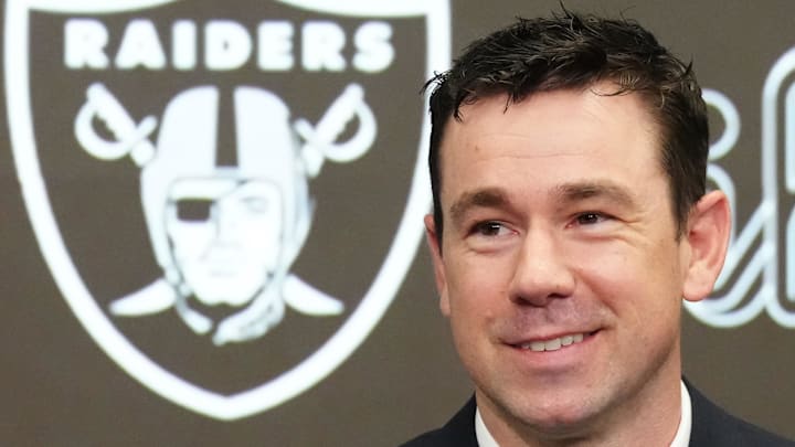 Feb 10, 2026; Henderson, NV, USA; Las Vegas Raiders coach Klint Kubiak speaks at introductory press conference at Intermountain Health Performance Center. Mandatory Credit: Kirby Lee-Imagn Images