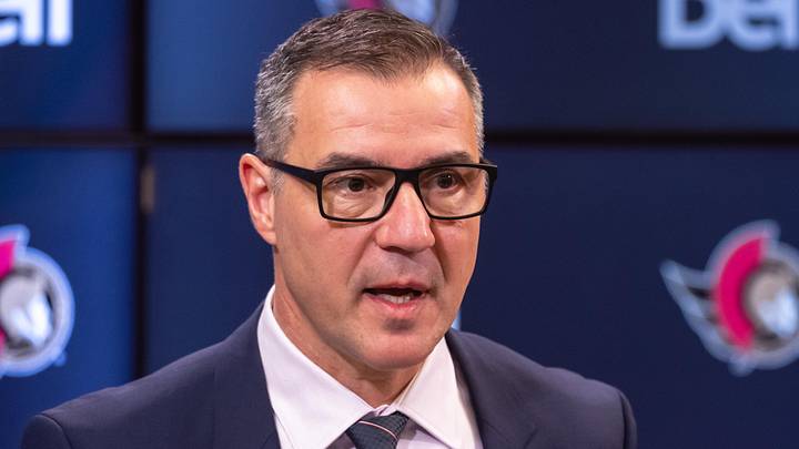 Jan 12, 2025; Ottawa, Ontario, CAN; President of Hockey Operations and General Manager Steve Staios speaks to the media pprior to match between the Dallas Stars and the  Ottawa Senators at the Canadian Tire Centre. Mandatory Credit: Marc DesRosiers-Imagn Images