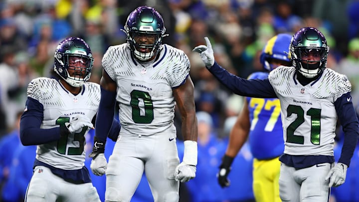 Dec 18, 2025; Seattle, Washington, USA; Seattle Seahawks defensive end Demarcus Lawrence (0) reacts in the second half against the Los Angeles Rams at Lumen Field. Dec 18, 2025; Seattle, Washington, USA; Seattle Seahawks defensive end Demarcus Lawrence (0) reacts in the second half against the Los Angeles Rams at Lumen Field.