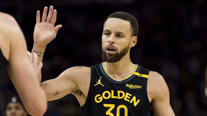 Mar 20, 2025; San Francisco, California, USA; Golden State Warriors guard Stephen Curry (30) reacts during the third quarter against the Toronto Raptors at Chase Center.