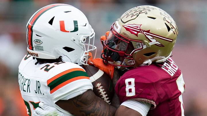 The Florida State Seminoles and the Miami Hurricanes are tied 10-10 at the half on Saturday, Nov. 11, 2023. The Florida State Seminoles and the Miami Hurricanes are tied 10-10 at the half on Saturday, Nov. 11, 2023.