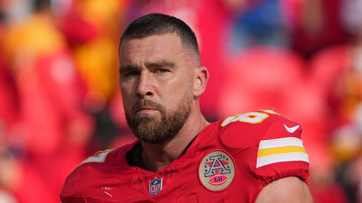 Kansas City, Missouri, USA; Kansas City Chiefs tight end Travis Kelce (87) looks on before the game against the Indianapolis Colts at GEHA Field at Arrowhead Stadium. Mandatory Credit: Denny Medley-Imagn Images Kansas City, Missouri, USA; Kansas City Chiefs tight end Travis Kelce (87) looks on before the game against the Indianapolis Colts at GEHA Field at Arrowhead Stadium. Mandatory Credit: Denny Medley-Imagn Images
