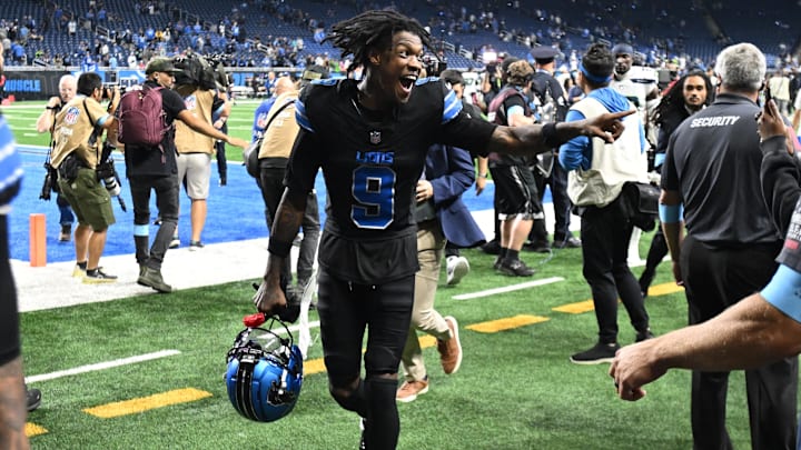 Detroit Lions wide receiver Jameson Williams (9) celebrates as he runs off the field Detroit Lions wide receiver Jameson Williams (9) celebrates as he runs off the field