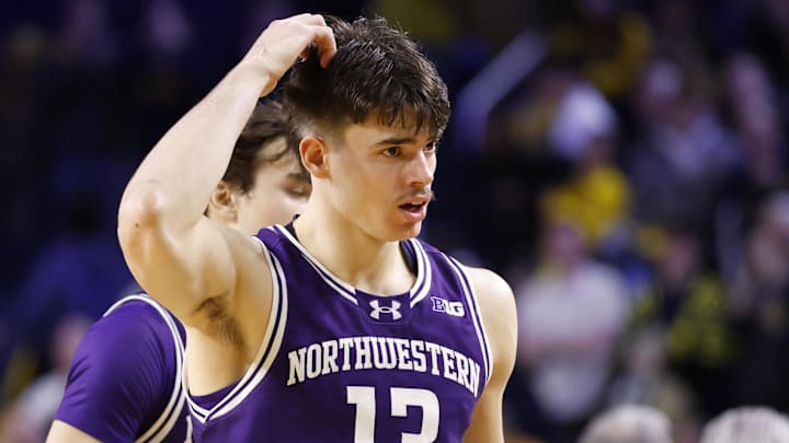 Jan 19, 2025; Ann Arbor, Michigan, USA;  Northwestern Wildcats guard Brooks Barnhizer (13) reacts after the game against the Michigan Wolverines at Crisler Center. Mandatory Credit: Rick Osentoski-Imagn Images