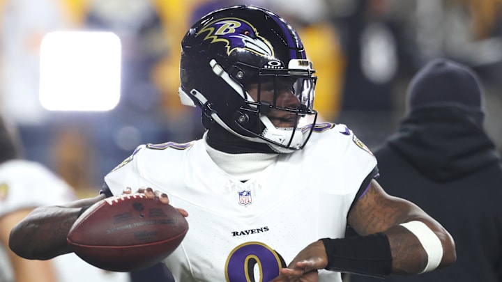 Jan 4, 2026; Pittsburgh, Pennsylvania, USA;  Baltimore Ravens quarterback Lamar Jackson (8) warms up before playing the Pittsburgh Steelers at Acrisure Stadium. Mandatory Credit: Charles LeClaire-Imagn Images