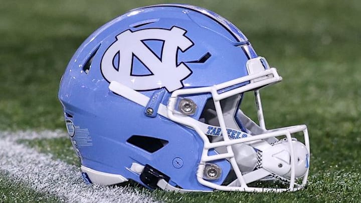 Oct 28, 2023; Atlanta, Georgia, USA; A detailed view of a North Carolina Tar Heels helmet on the field before a game against the Georgia Tech Yellow Jackets at Bobby Dodd Stadium at Hyundai Field. Mandatory Credit: Brett Davis-Imagn Images