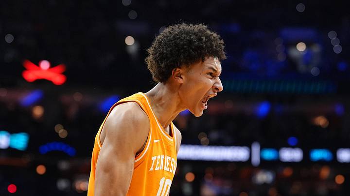 Mar 22, 2026; Philadelphia, PA, USA; Tennessee Volunteers forward Nate Ament (10) reacts against the Virginia Cavaliers in the first half during a second round game of the men's 2026 NCAA Tournament at Xfinity Mobile Arena. Mandatory Credit: Kyle Ross-Imagn Images