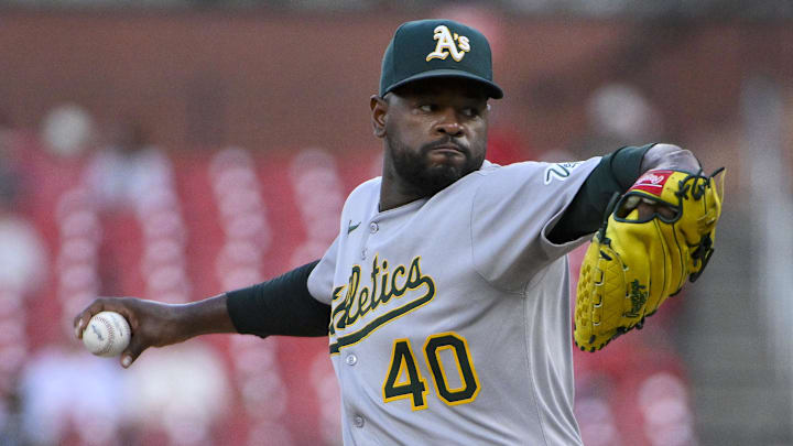 Sep 2, 2025; St. Louis, Missouri, USA;  Athletics starting pitcher Luis Severino (40) pitches against the St. Louis Cardinals during the first inning at Busch Stadium. Mandatory Credit: Jeff Curry-Imagn Images