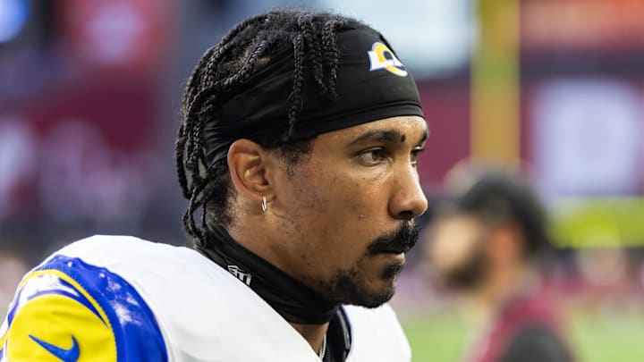 Dec 7, 2025; Glendale, Arizona, USA; Los Angeles Rams cornerback Ahkello Witherspoon (4) against the Arizona Cardinals at State Farm Stadium. Mandatory Credit: Mark J. Rebilas-Imagn Images