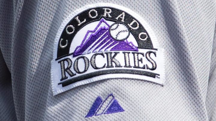 May 30, 2015; Philadelphia, PA, USA; The Colorado Rockies logo on a players jersey in a game against the Philadelphia Phillies at Citizens Bank Park. May 30, 2015; Philadelphia, PA, USA; The Colorado Rockies logo on a players jersey in a game against the Philadelphia Phillies at Citizens Bank Park.