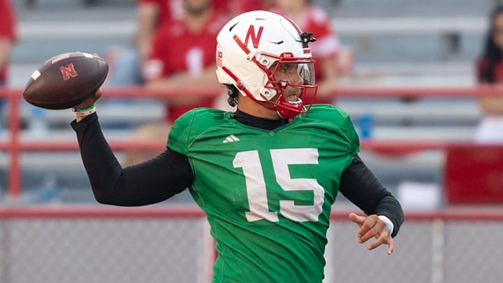 Nebraska quarterback Dylan Raiola fires a pass during the Big Red Preview on Saturday. Nebraska quarterback Dylan Raiola fires a pass during the Big Red Preview on Saturday.