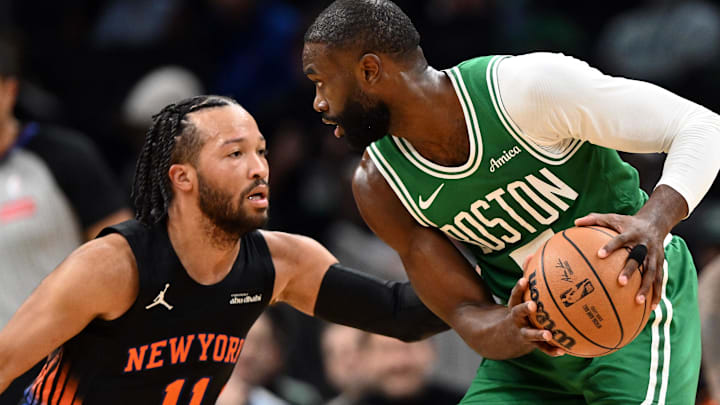 Dec 2, 2025; Boston, Massachusetts, USA; New York Knicks guard Jalen Brunson (11) defends Boston Celtics guard Jaylen Brown (7)  during the first half at the TD Garden. Mandatory Credit: Brian Fluharty-Imagn Images