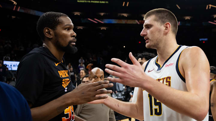 Dec 1, 2023; Phoenix, Arizona, USA; Denver Nuggets center Nikola Jokic (right) greets Phoenix Suns forward Kevin Durant following the game at Footprint Center. Dec 1, 2023; Phoenix, Arizona, USA; Denver Nuggets center Nikola Jokic (right) greets Phoenix Suns forward Kevin Durant following the game at Footprint Center.
