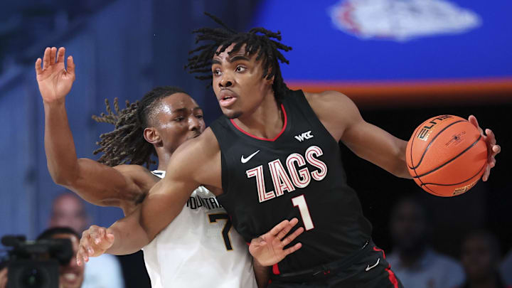 Gonzaga's Michael Ajayi (1) posts up against West Virginia during the Battle 4 Atlantis.