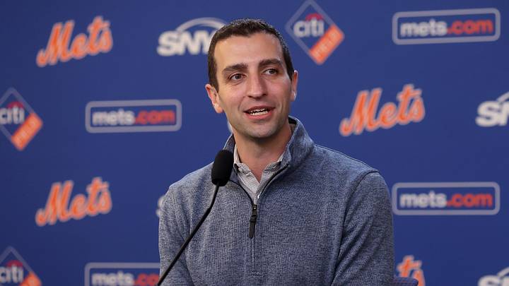 Jul 30, 2024; New York City, New York, USA; New York Mets president of baseball operations David Stearns speaks to the media about the MLB trade deadline before a game against the Minnesota Twins at Citi Field. Mandatory Credit: Brad Penner-Imagn Images