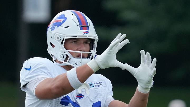 Bills defensive back Cole Bishop eyes in a pass during the final day of Buffalo Bills training camp at St. John Fisher University Friday, August 7, 2026 in Pittsford.
