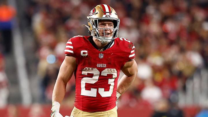 San Francisco 49ers running back Christian McCaffrey (23) reacts against the Carolina Panthers during the second half at Levi's Stadium. San Francisco 49ers running back Christian McCaffrey (23) reacts against the Carolina Panthers during the second half at Levi's Stadium.