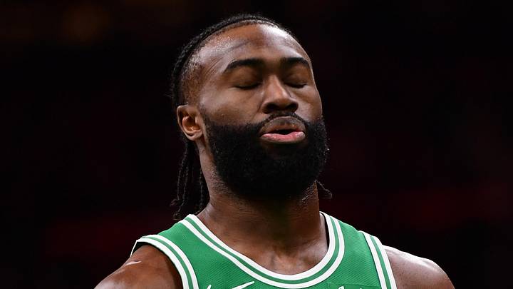 Mar 10, 2025; Boston, Massachusetts, USA; Boston Celtics guard Jaylen Brown (7) gets set to throw a free throw during the first half against the Utah Jazz at TD Garden. Mandatory Credit: Bob DeChiara-Imagn Images