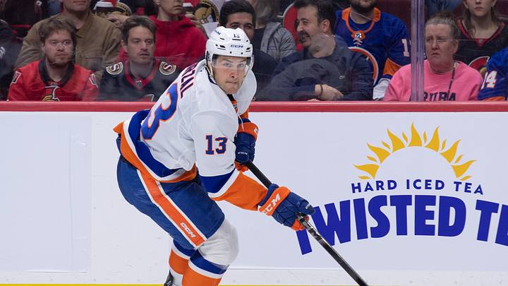 Oct 18, 2025; Ottawa, Ontario, CAN; New York Islanders center Matthew Barzal (13) skates with the puck in the second period against the Ottawa Senators at the Canadian Tire Centre. Mandatory Credit: Marc DesRosiers-IMAGN Images