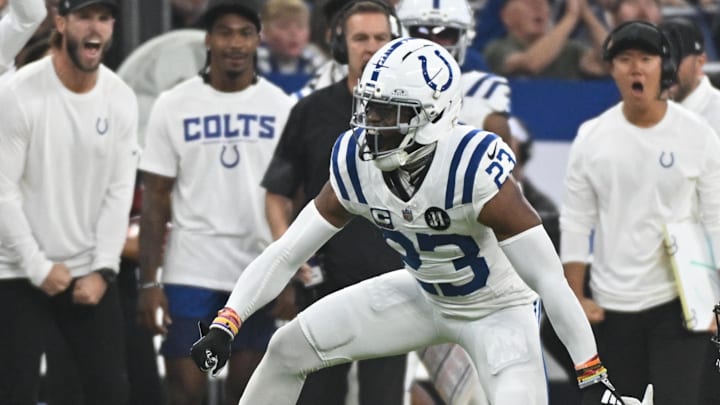 Sep 14, 2025; Indianapolis, Indiana, USA; Indianapolis Colts cornerback Kenny Moore II (23) celebrates tackling Denver Broncos wide receiver Troy Franklin (11) during the second quarter at Lucas Oil Stadium. Sep 14, 2025; Indianapolis, Indiana, USA; Indianapolis Colts cornerback Kenny Moore II (23) celebrates tackling Denver Broncos wide receiver Troy Franklin (11) during the second quarter at Lucas Oil Stadium.