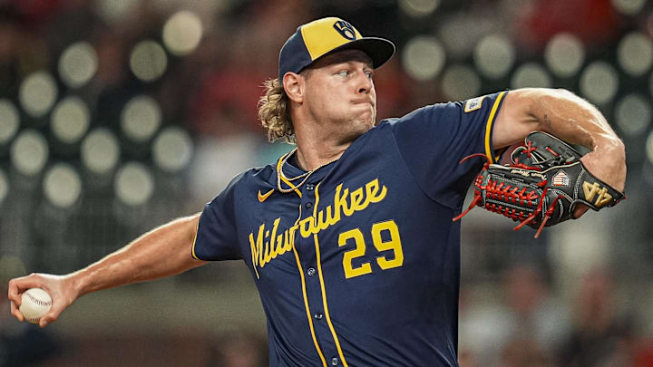Aug 6, 2025; Cumberland, Georgia, USA; Milwaukee Brewers pitcher Trevor Megill (29) pitches against the Atlanta Braves during the ninth inning at Truist Park. Mandatory Credit: Dale Zanine-Imagn Images Aug 6, 2025; Cumberland, Georgia, USA; Milwaukee Brewers pitcher Trevor Megill (29) pitches against the Atlanta Braves during the ninth inning at Truist Park. Mandatory Credit: Dale Zanine-Imagn Images