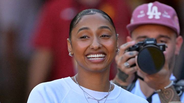 Oct 11, 2025; Los Angeles, California, USA; USC Trojans basketball player JuJu Watkins was on hand as she was named the tunnel captain the the game against the Michigan Wolverines at United Airlines Field at the Los Angeles Memorial Coliseum. Mandatory Credit: Jayne Kamin-Oncea-Imagn Images