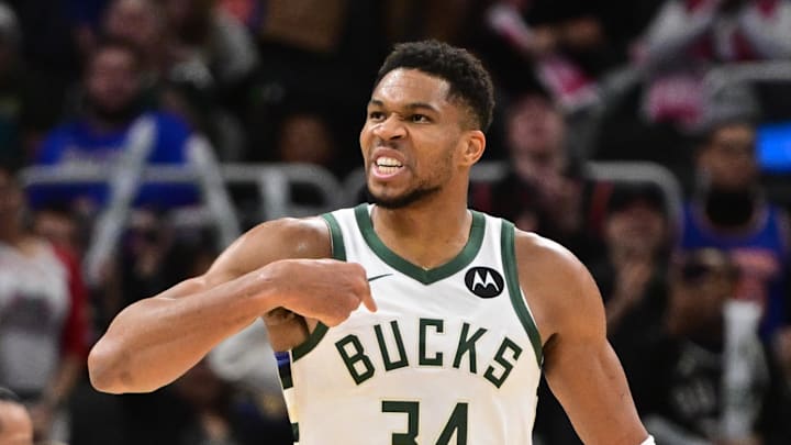 Milwaukee Bucks forward Giannis Antetokounmpo (34) reacts after scoring a basket in the 3rd quarter against the New York Knicks at Fiserv Forum on October 28, 2025.