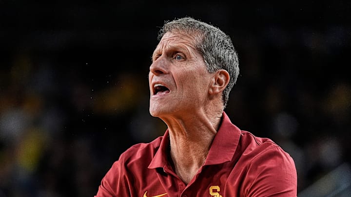 USC head coach Eric Musselman reacts to a play against Michigan during the first half at Crisler Center in Ann Arbor on Friday, Jan. 2, 2026.