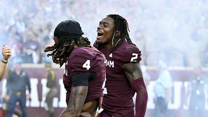 Sep 27, 2025; College Station, Texas, USA; Texas A&M Aggies cornerback Will Lee III (4) and cornerback Dezz Ricks (2) react after the game against the Auburn Tigers at Kyle Field. Mandatory Credit: Maria Lysaker-Imagn Images 