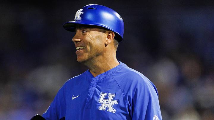 Jun 9, 2024; Lexington, KY, USA; Kentucky Wildcats head coach Nick Mingione during the fourth inning against the Oregon State Beavers at Kentucky Proud Park. Mandatory Credit: Jordan Prather-Imagn Images Jun 9, 2024; Lexington, KY, USA; Kentucky Wildcats head coach Nick Mingione during the fourth inning against the Oregon State Beavers at Kentucky Proud Park. Mandatory Credit: Jordan Prather-Imagn Images
