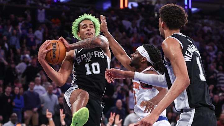 San Antonio Spurs forward Jeremy Sochan (10) grabs a rebound in the fourth quarter against the New York Knicks at Madison Square Garden. San Antonio Spurs forward Jeremy Sochan (10) grabs a rebound in the fourth quarter against the New York Knicks at Madison Square Garden.