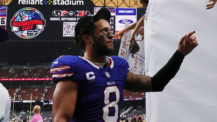 Sep 13, 2026; Houston, Texas, USA;  Buffalo Bills linebacker Terrel Bernard (8) acknowledges fans as he walks off the field after the game against the Houston Texans at Reliant Stadium.  Mandatory Credit: Thomas Shea-Imagn Images