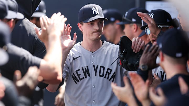 Apr 20, 2025; Tampa, Florida, USA; New York Yankees starting pitcher Max Fried (54) leaves a game against the Tampa Bay Rays in the eighth inning at George M. Steinbrenner Field. 