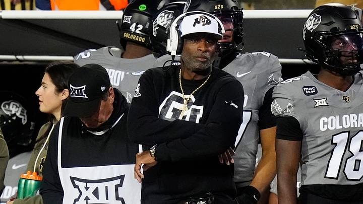 Colorado Buffaloes head coach Deion Sanders on the sidelines in the second quarter against the Arizona Wildcats at Folsom Field. Mandatory Credit: Ron Chenoy-Imagn Images