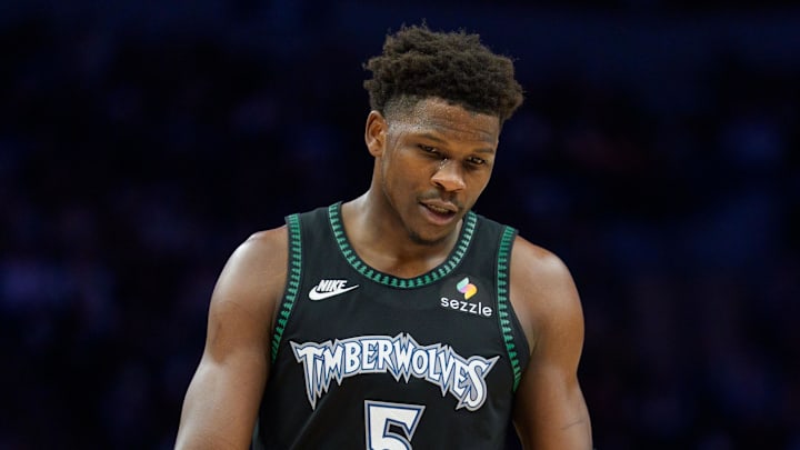 Dec 6, 2025; Minneapolis, Minnesota, USA; Minnesota Timberwolves guard Anthony Edwards (5) during a stoppage in play against the LA Clippers in the third quarter at Target Center. Mandatory Credit: Matt Blewett-Imagn Images