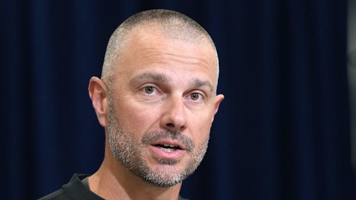Feb 24, 2026; Indianapolis, IN, USA; Las Vegas Raiders general manager John Spytek speaks at the NFL Scouting Combine at the Indiana Convention Center. Mandatory Credit: Kirby Lee-Imagn Images