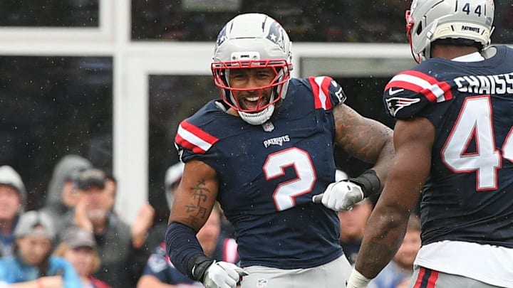 Sep 7, 2025; Foxborough, Massachusetts, USA; New England Patriots linebacker Harold Landry III (2) reacts against the Las Vegas Raiders during the second half at Gillette Stadium. Mandatory Credit: Bob DeChiara-Imagn Images