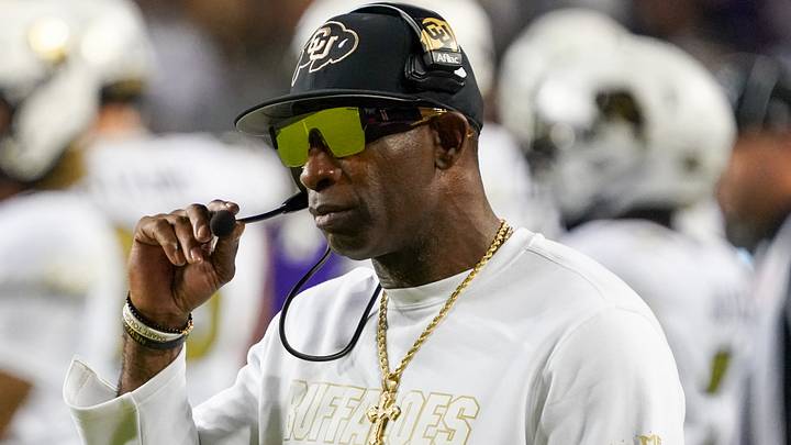 Colorado Buffaloes head coach Deion Sanders on the sidelines during the first half against the TCU Horned Frogs at Amon G. Carter Stadium. Colorado Buffaloes head coach Deion Sanders on the sidelines during the first half against the TCU Horned Frogs at Amon G. Carter Stadium.